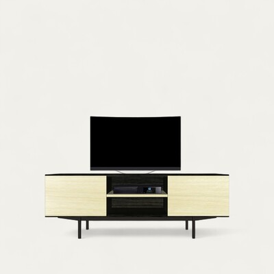 42265_BUFFET TV 1 porte coulissante 2 tiroirs push pull_SLIM chêne blanchi et wengé noir pied bateau métal sur mesure made in bretagne pirotais meubles