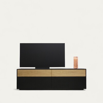 42271_Buffet TV 4 tiroirs chêne wengé noir et blanchi bois massif socle en retrait design épurée moderne fabriqué en France Pirotais