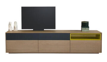 42275_Meuble TV slim 5 tiroirs 1 niche socle en retrait chêne blanchi et laque gris acier jaune moutarde sur mesure personnalisable fabriqué en France