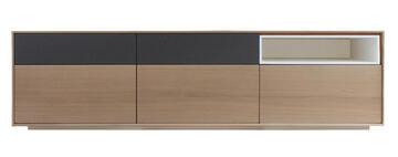 42275_Buffet TV slim chêne blanchi et laqué gris acier blanc 5 tiroirs  1 niche socle en retrait bois massif personnalisable fabriqué en bretagne Pirotais 2