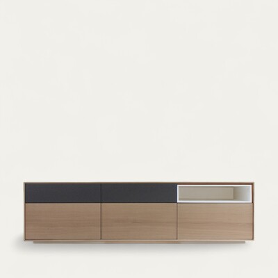 42275_Buffet TV slim chêne blanchi et laqué gris acier blanc 5 tiroirs  1 niche socle en retrait bois massif personnalisable fabriqué en bretagne Pirotais