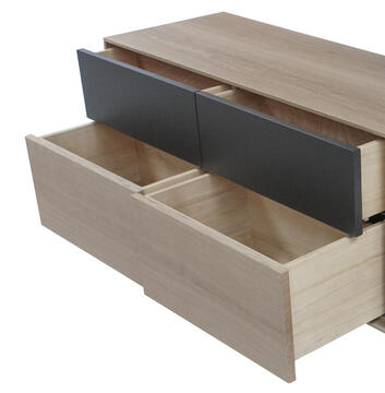 42275_Buffet TV slim chêne blanchi et laqué noir blanc 5 tiroirs 1 niche socle en retrait bois massif sur mesure fabriqué en bretagne Pirotais