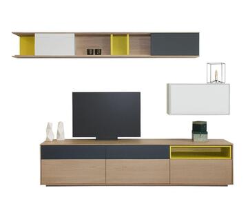 42275 Ensemble composition TV Chêne sur mesure laqué blanc jaune gris