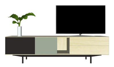 42280_Buffet TV_SLIM 2 portes 1 niche 2 tiroirs push pull chêne blanchi laqué vert sauge balustrade pied metal bateau made in france pirotais romagné