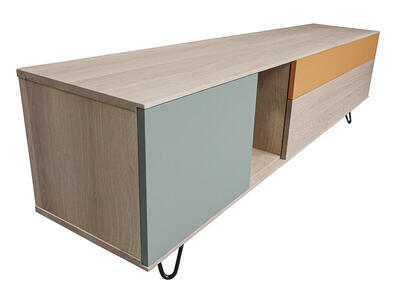 42282d Buffet TV SLIM pied épingle 2 portes 1 abattant 1 tiroir 1 niche chêne blanchi laqué vert sauge et lichen oxydé sur mesure made in france