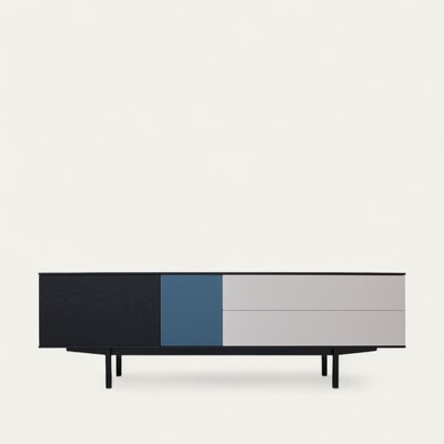 42285_Buffet TV Slim chêne wengé noir bleu nuit tourterelle pied métal bateau 2 tiroirs 2 portes push pull sur mesure made in bretagne Rennes Avranches
