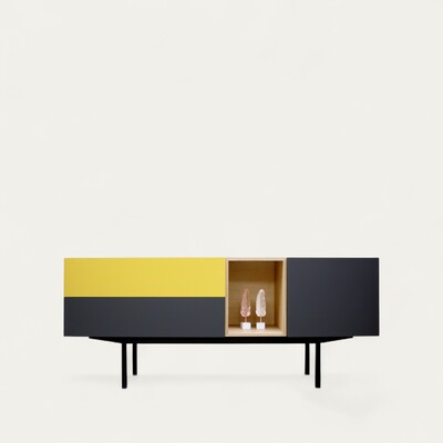 42452_Buffet d'entrée 1 porte 1 niche 2 tiroirs chêne blanchi bois massif et laqué jaune et gris acier pied métal bateau sur mesure personnalisable made in France