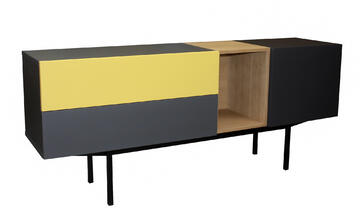 42452_Buffet d'entrée 1 porte 1 niche 2 tiroirs chêne blanchi bois massif et laqué jaune et gris acier noir pied métal bateau sur mesure personnalisable made in France Rennes