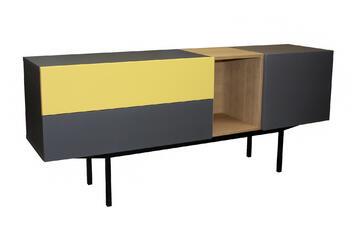 42452_Buffet d'entrée 1 porte 1 niche 2 tiroirs chêne blanchi bois massif et laqué jaune et gris acier pied métal bateau sur mesure personnalisable made in France Rennes