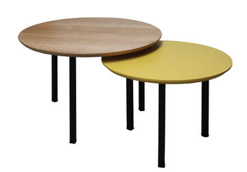 42521&amp;42526_Table basse ronde gigogne chêne blanchi bois massif et laqué jaune citron pied carré métal noir