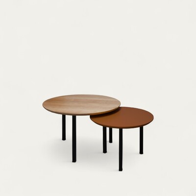 42521&amp;42526_Table basse ronde gigogne chêne blanchi bois massif et laqué terracota pied carré métal noir-