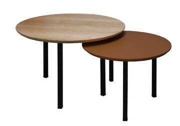 42521&amp;42526_Table basse ronde gigogne chêne blanchi bois massif et laqué terracota pied carré métal noir