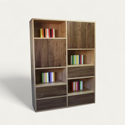 51430_bibliothèque_alvéoles ouvertes 2 portes 4 tiroirs chêne et noyer naturel