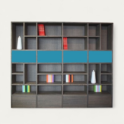 51450_bibliothèque chêne flotté massif 4 tiroirs 4 abattants sur mesure personnalisable fabrication française