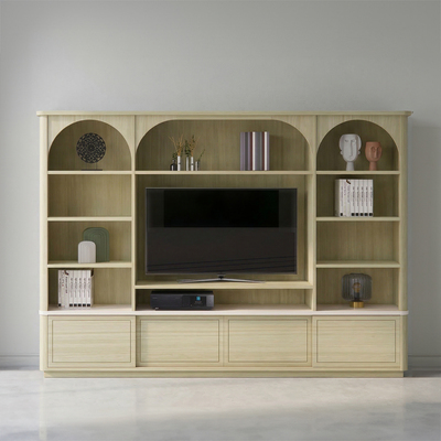 D1480 Composition bibliothèque TV Chêne blanchi massif plateau laqué blanc portes coulissantes arches angles arrondis made in Bretagne sur mesure personnalisable