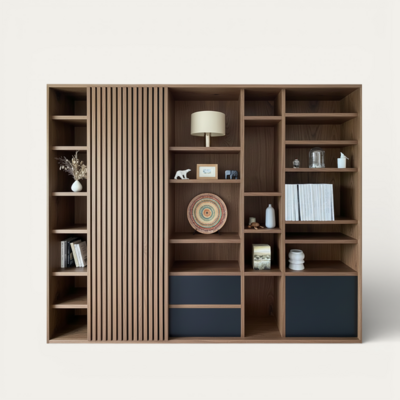 52443 Composition murale tasseaux noyer naturel et laqué balustrade bois massif sur mesure made in bretagne