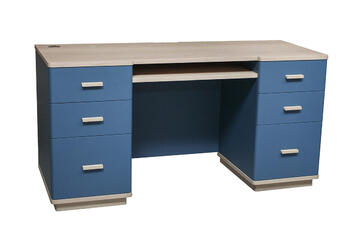 54149_BUREAU Ministre 6 tiroirs 1 niche_COOPER chêne blanchi et laqué bleu personnalisable sur mesure made in Bretagne Pirotais