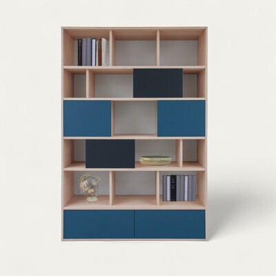 60004_Composition murale bibliothèque 4 coulissants 2 tiroirs chêne blanchi laqué noir et bleu fond gris bois massif sur mesure personnalisable fabriqué en France