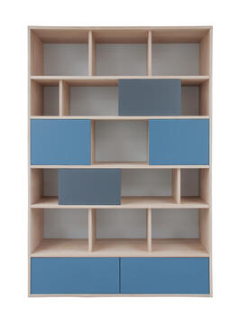 65441_Composition murale bibliothèque 4 coulissants 2 tiroirs chêne blanchi laqué noir et bleu fond gris bois massif sur mesure personnalisable fabriqué en France Rennes