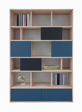 65441_Composition murale bibliothèque 4 coulissants 2 tiroirs chêne blanchi laqué noir et bleu fond gris bois massif sur mesure personnalisable fabriqué en France