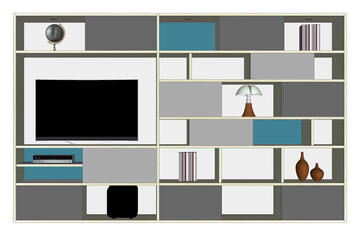 60008_Composition TV chêne blanchi bois massif et laqué gris bleu sur mesure éclairage made in bretagne pirotais meubles