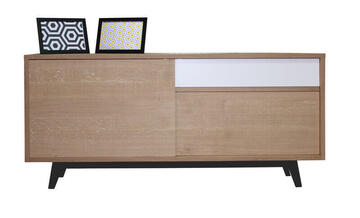 61265 Buffet 3 portes coulissantes collection Vintage retro année 50 chêne blanchi bois massif et laqué blanc et noir