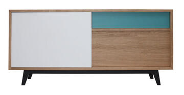 61265 Buffet 3 portes coulissantes collection Vintage retro année 50 chêne blanchi bois massif et laqué blanc et vert bleu canard sur mesure style vintage retro année 50 bois massif pirotais