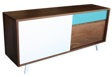 61265 Buffet 3 portes coulissantes collection Vintage retro année 50 noyer naturel bois massif et laqué bleu canard et blanc fabriqué en france