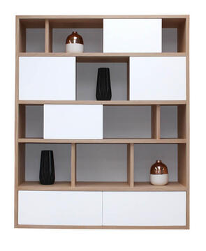 65440-Bibliothèque alvéoles 4 portes coulissantes 3 tiroirs Chêne blanchi & laqué blanc gris taupe bois massif sur mesure style vintage scandinave retro année 50