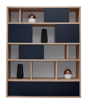 65440-Bibliothèque alvéoles 4 portes coulissantes 3 tiroirs Chêne blanchi & laqué noir gris taupe bois massif sur mesure style vintage scandinave retro année 50