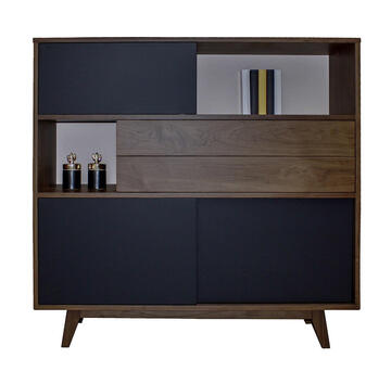 61462_buffet 3 portes coulissantes 2 tiroirs noyer naturel laqué noir made in bretagne Rennes Fougères sur mesure