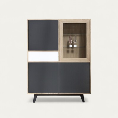 61483_buffet vitrine chêne blanchi laqué blanc gris acier porte et tiroir push pull  pied slim étagères réglables bois made in bretagne personnalisable