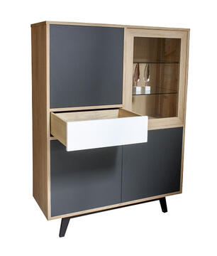 61483_buffet vitrine chêne blanchi laqué blanc gris acier porte et tiroir push pull  pied slim étagères réglables bois made in bretagne personnalisable sur mesure