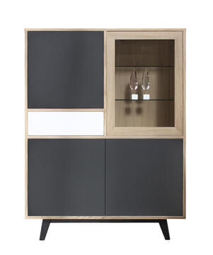 61483_buffet vitrine chêne blanchi laqué blanc gris acier porte et tiroir push pull pied slim étagères réglables bois made in bretagne personnalisable