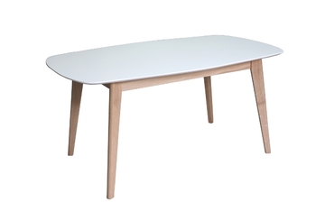 61640_table de repas laqué blanc piétement chêne blanchi allonge en portefeuille ouvertre synchronisée made in bretagne Pirotais