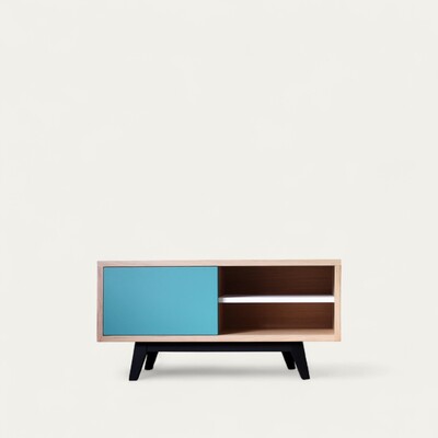 62250_buffet tv chêne blanchi laqué bleu blanc porte coulissante étagères régalbles sur crémaillères bois et taquets sur mesure Pirotais