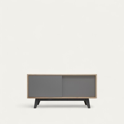62252_Buffet TV vintage année 50 2 portes coulissantes gris plomb noir chêne blanchi bois massif made in France Pirotais