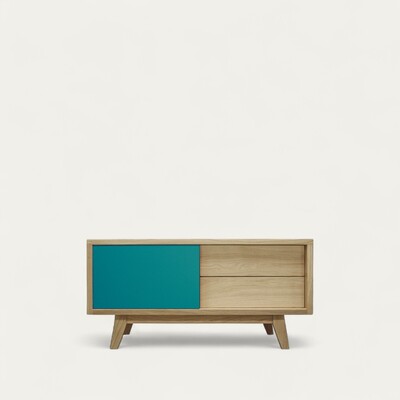 62253 buffet tv  porte coulissante tiroirs push pull laqué bleu chêne blanchi mzssif pied slim made in France Pirotais