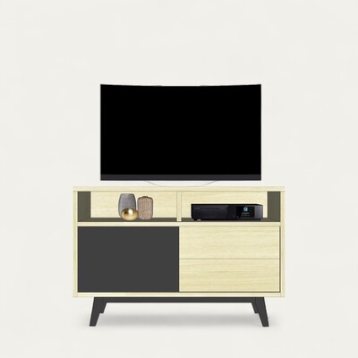 62254_Buffet TV 1 porte 2 tiroirs 1 niche chêne blanchi et laqué balustrade sur mesure personnalisable made in France fougères Rennes