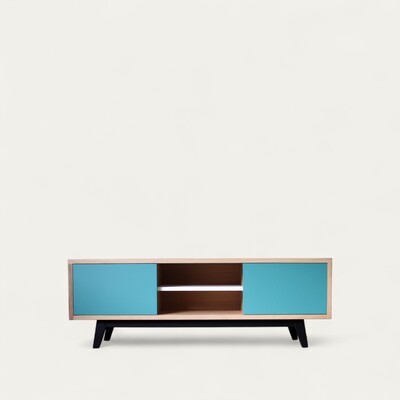 62260_buffet tv chêne blanchi laqué bleu blanc portes coulissantes étagères régalbles sur crémaillères bois et taquets sur mesure Pirotais
