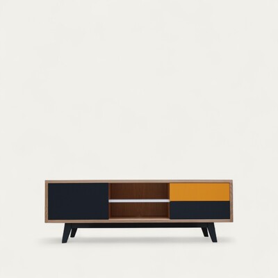 62265_banc tv chêne blanchi massif laqué noir jaune curcuma pied slim personnalisable made in france