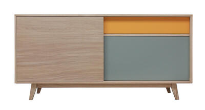 62265_Buffet 3 portes coulissantes chêne blanchi laqué curcuma gris plomb sur mesure made in france Pirotais Meubles