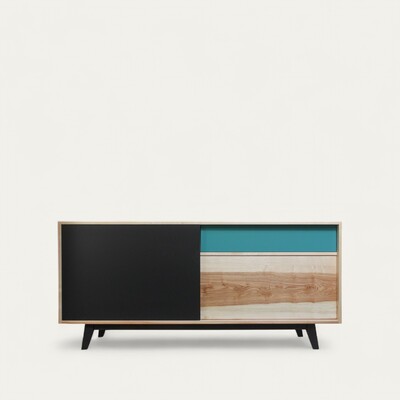 62265_Buffet 3 portes coulissantes frêne olivier blanchi laqué balustrade bleu canard  sur mesure made in france Pirotais Meubles