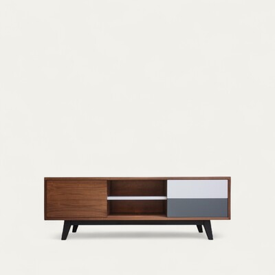 62265_Buffet TV noyer naturel et laqué gris blanc 1 coulissant 2 tiroirs push pull 1 niche  étagère réglable sur crémaillères bois et taquets bois massif made in Bretagne Rennes