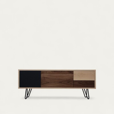 62275_buffet tv chêne blanchi wengé noir noyer bois massif porte tiroir abattant pied métal épingle fabriqué en France