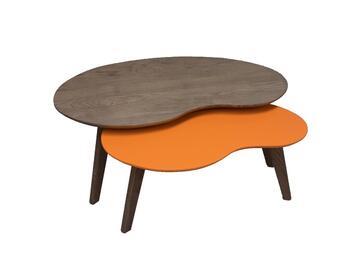 62530-62635 table gigogne tripode forme haricot chêne flotté massif laqué orange mandarin pietement slim avec arrondis extérieurs fabriqué en france