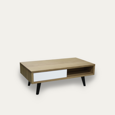 62561_table basse vintage 2 tiroirs 2 niches pied slim chêne blanchi et laqué blanc made in France