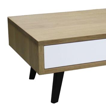 62561d_table basse vintage 2 tiroirs 2 niches pied slim chêne blanchi et laqué blanc made in France