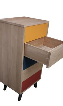 63350d Chiffonnier vintage Chêne blanchi bois massif laqué bleu pétrole jaune curcuma rouge vermillon gris acier personnalisable made in France