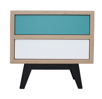 63451 chevet vintage 2 tiroirs chêne blanchi massif bleu canard blanc personnalisable made in france